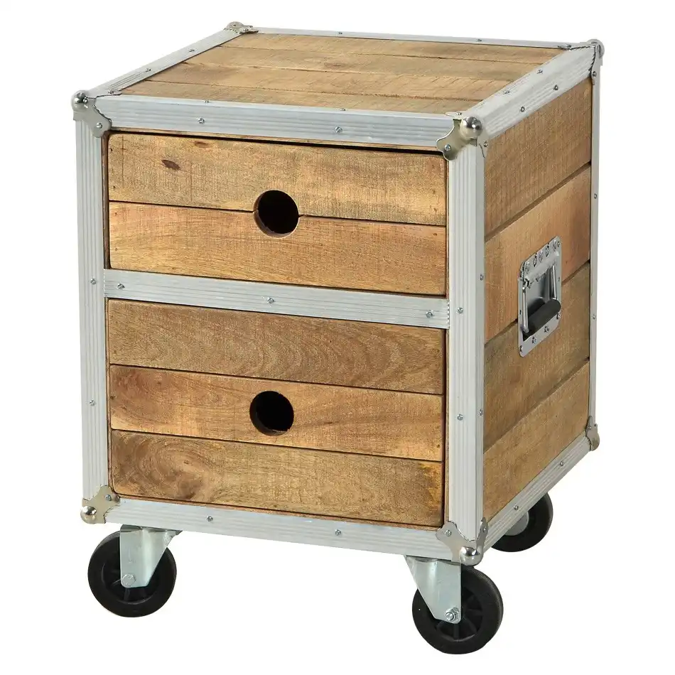 Roadie Chic Reclaimed Bedside / Lamp Table with 2 Drawers on Wheels - popular handicrafts